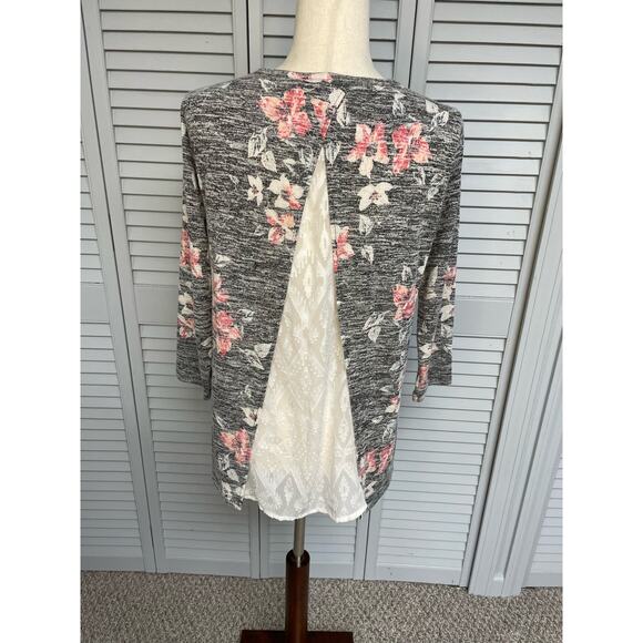 Van Heusen gray floral light sweater shirt sheer split back women's size small - Picture 3 of 6